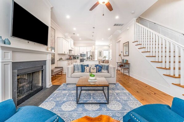 Smart TV, fireplace, books