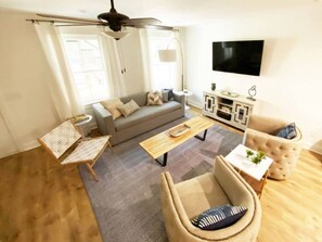 Smart TV, fireplace, books