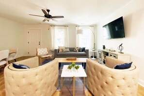 Smart TV, fireplace, books