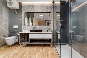 Douche, séchoir à cheveux, serviettes fournies