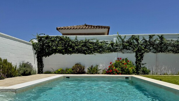 A rectangular swimming pool with clear water, surrounded by a white wall with greenery and flowers. - Villa Victoria - Ole Solutions (Puerto de Santa María)