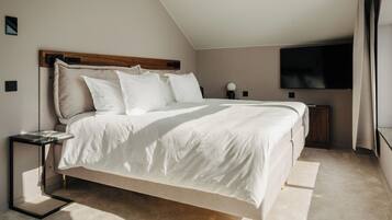 A modern bedroom with a large bed, a bedside table, a TV, and a window.