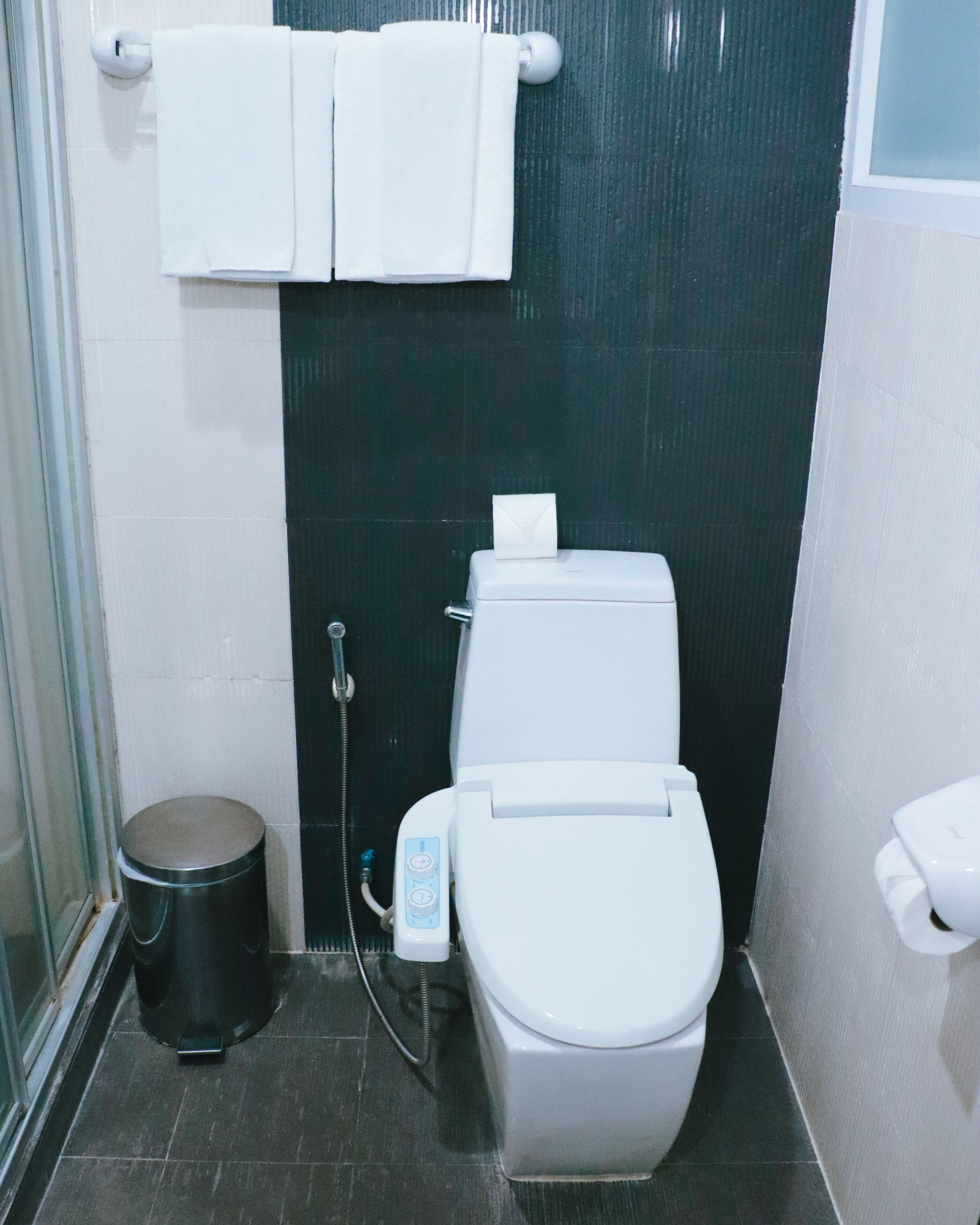 Un baño con inodoro, bidé, cubo de basura y toallero.