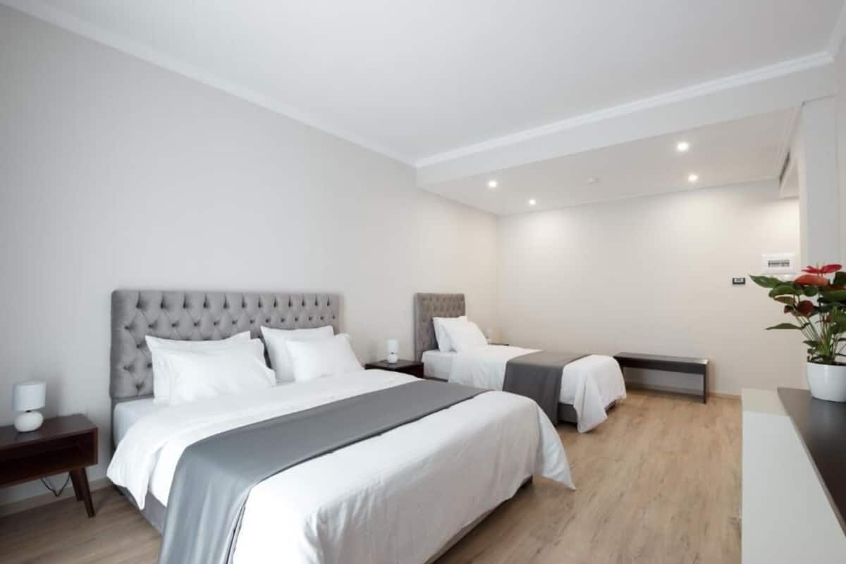 A modern hotel room with a large bed, a smaller bed, a bedside table, and a potted plant.