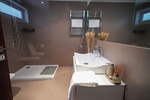 Shower, hair dryer, bidet, towels