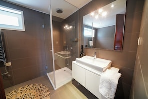 Shower, hair dryer, bidet, towels
