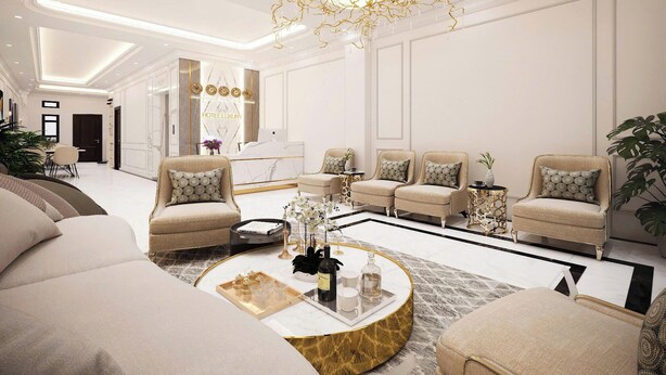 Un hall d’hôtel luxueux au design moderne, comprenant un espace salon avec des canapés et des fauteuils, une table basse agrémentée d’objets décoratifs et un comptoir d’accueil.