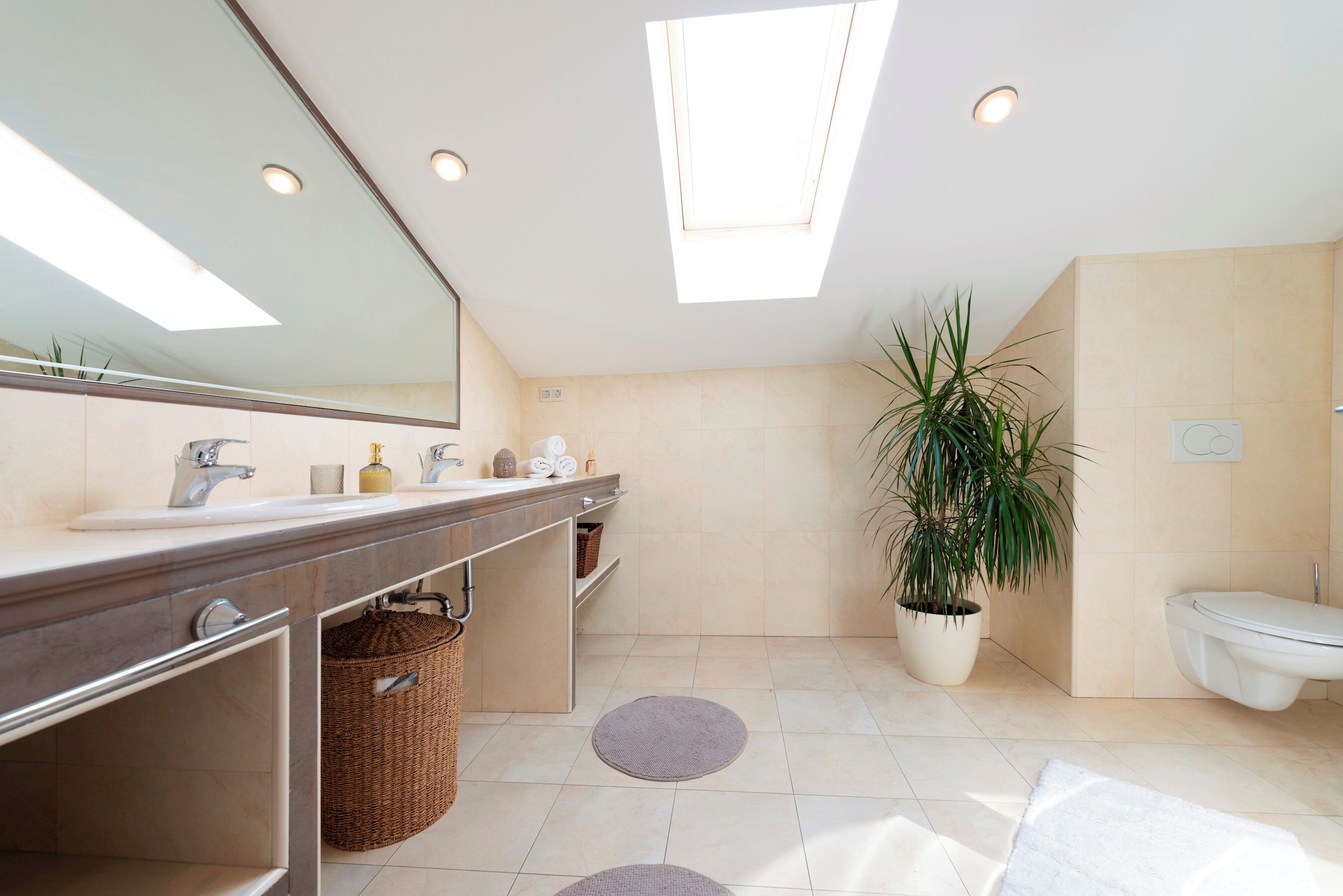 A modern bathroom with a skylight, a large mirror, a sink, a toilet, and a potted plant.