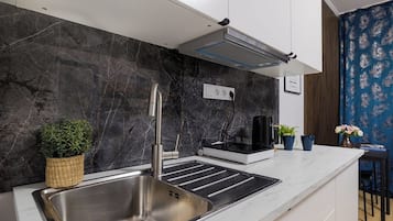 Estudi clàssic, 1 llit doble, bany privat | Cuina bàsica privada | Frigorífic, microones, placa de cuina i bullidora elèctrica