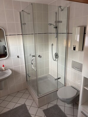 Shower, hair dryer, towels, toilet paper