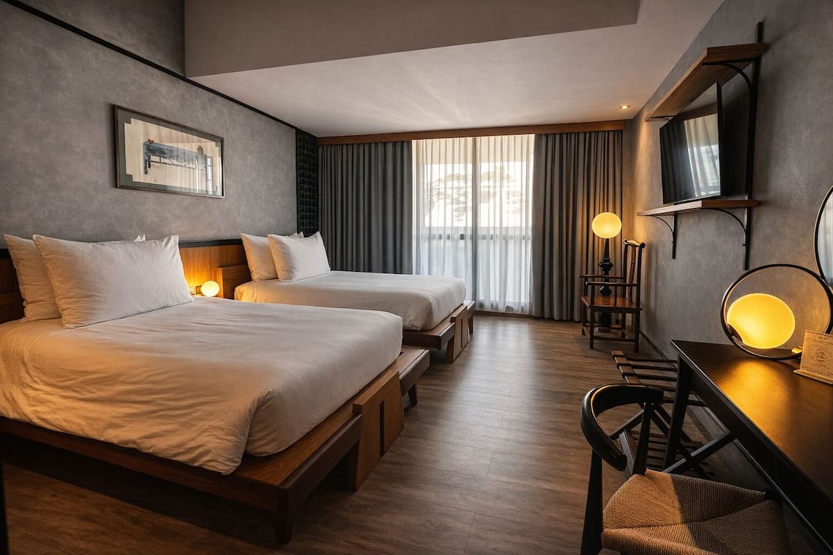 Une chambre d’hôtel avec deux lits, un bureau avec une chaise, une télévision et une grande fenêtre avec des rideaux.