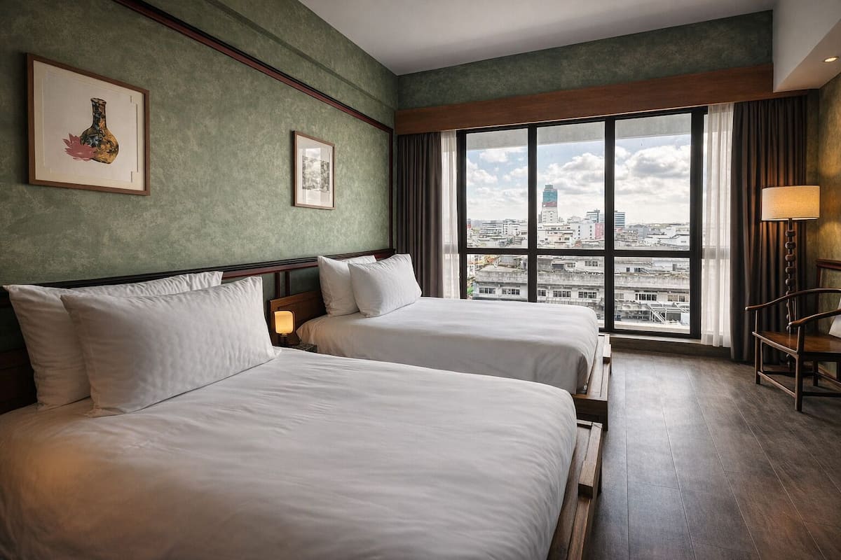 Une chambre d’hôtel avec deux lits, une vue sur la ville, des œuvres d’art encadrées aux murs et un plancher en bois.