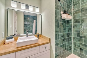 Shower, hair dryer, shampoo