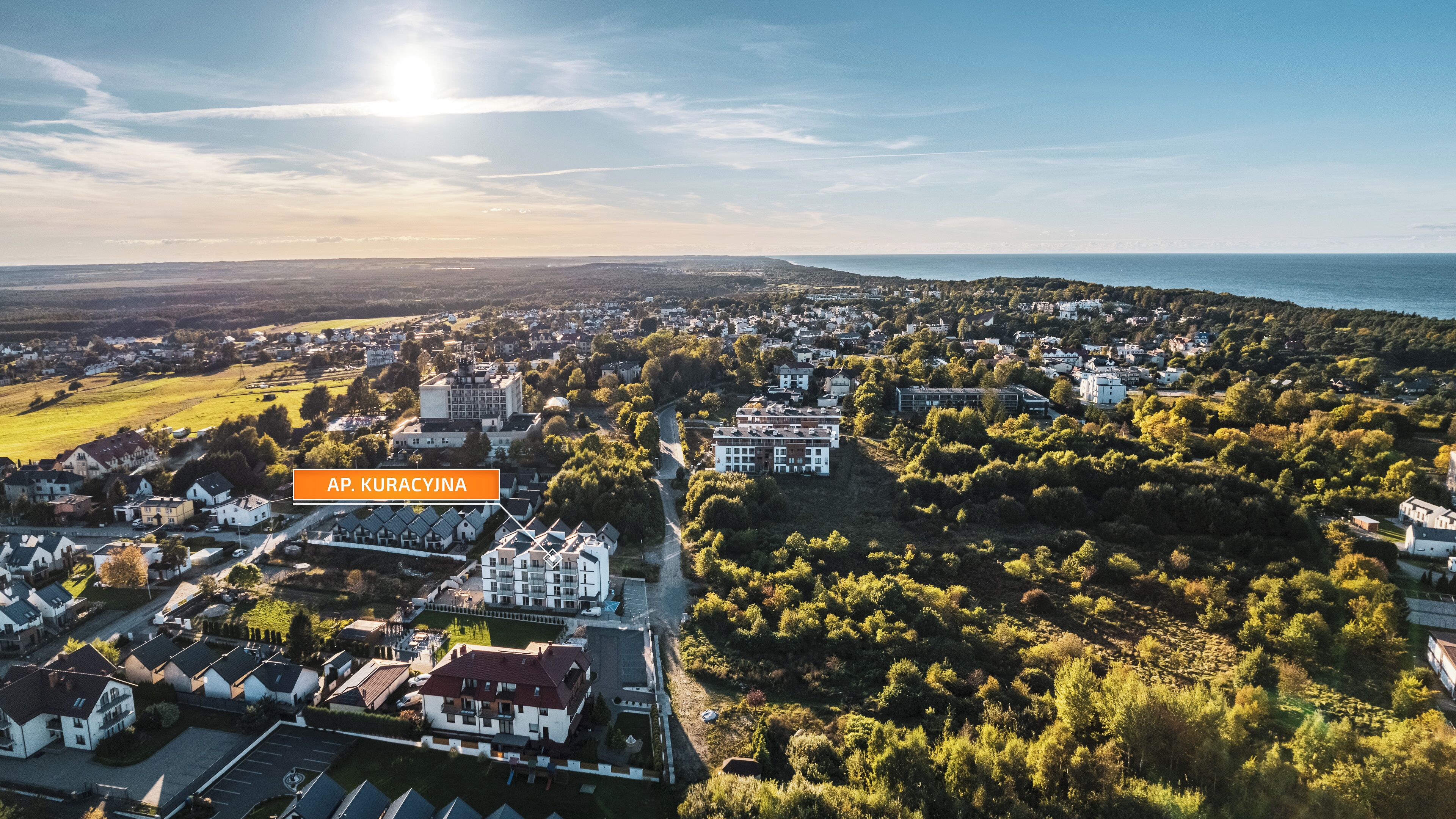 Oversigtsbillede af et boligområde med huse, en stor bygning og et vandområde i baggrunden.