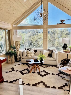 Smart TV, chimenea, libros y oficina 