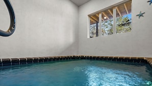 Een zwembad met helderblauw water, een raam met uitzicht op bomen, en een zeester decoratie aan de muur.