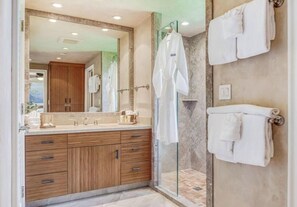 Shower, hair dryer, towels, soap - Luxurious Oceanfront Corner Unit SURF RESORT, #F-212 (Makena, Maui)