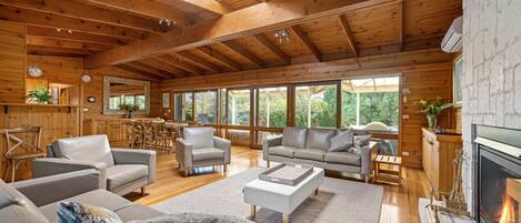 Televisión, chimenea y estéreo