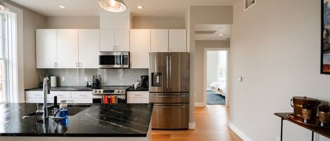 Fridge, microwave, dining tables