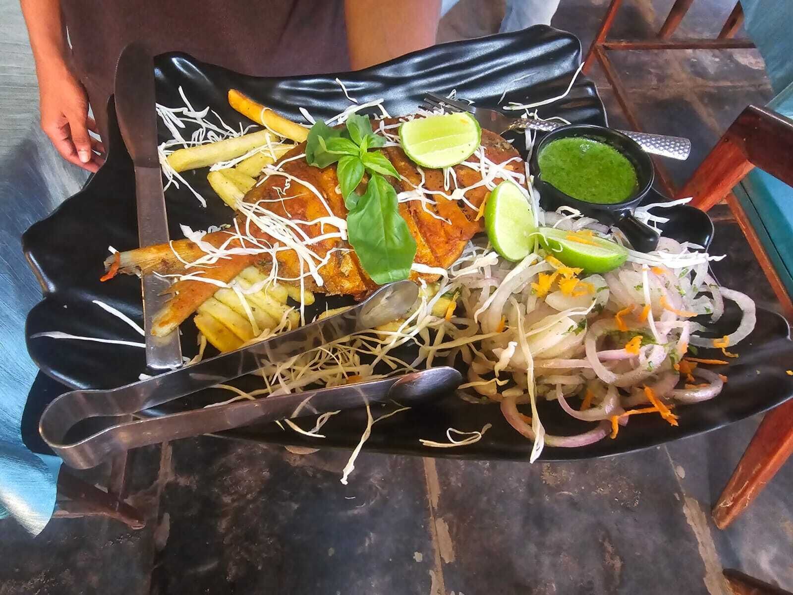 A tray with a variety of food items including fries, sprouts, and a green sauce.