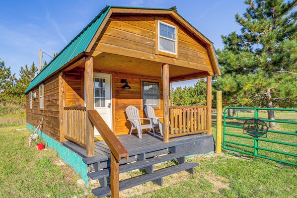 A wooden cabin with a porch, two Adirondack chairs, and a green gate. - 9 Mi to Lake Michigan: Secluded Cabin Getaway (Central Lake)