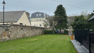 A grassy backyard with a stone wall, a lamp post, and a black metal fence.