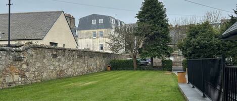 A grassy backyard with a stone wall, a lamp post, and a black metal fence.