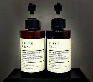 Eco-friendly toiletries, hair dryer, towels, soap