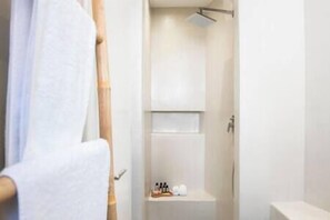 Regadera, amenidades de baño ecológicas, secadora de cabello, toallas