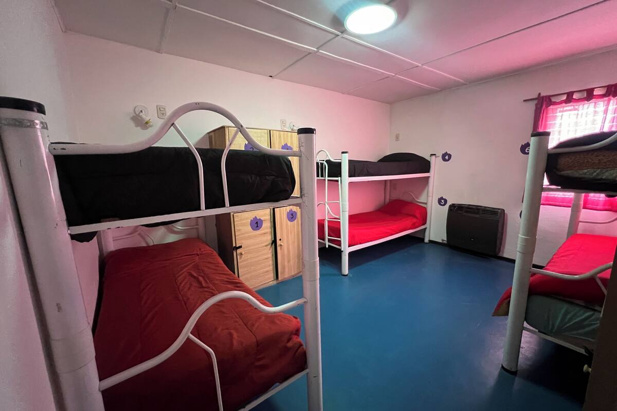A dormitory room with bunk beds, wooden cabinets, and a blue floor.