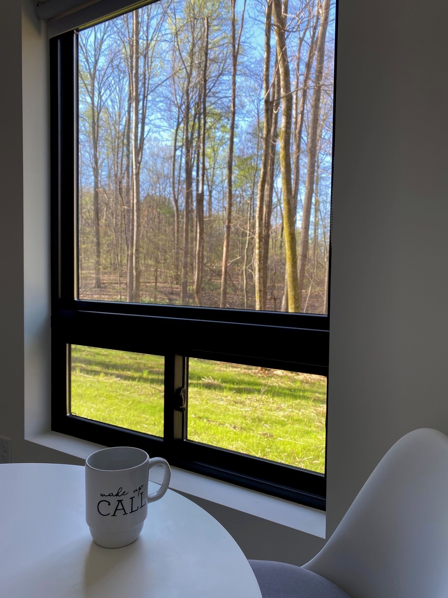 Een kamer met een groot raam met uitzicht op een bos en een grasveld. Op een tafel staat een witte mok met de tekst 'make up CALL'.