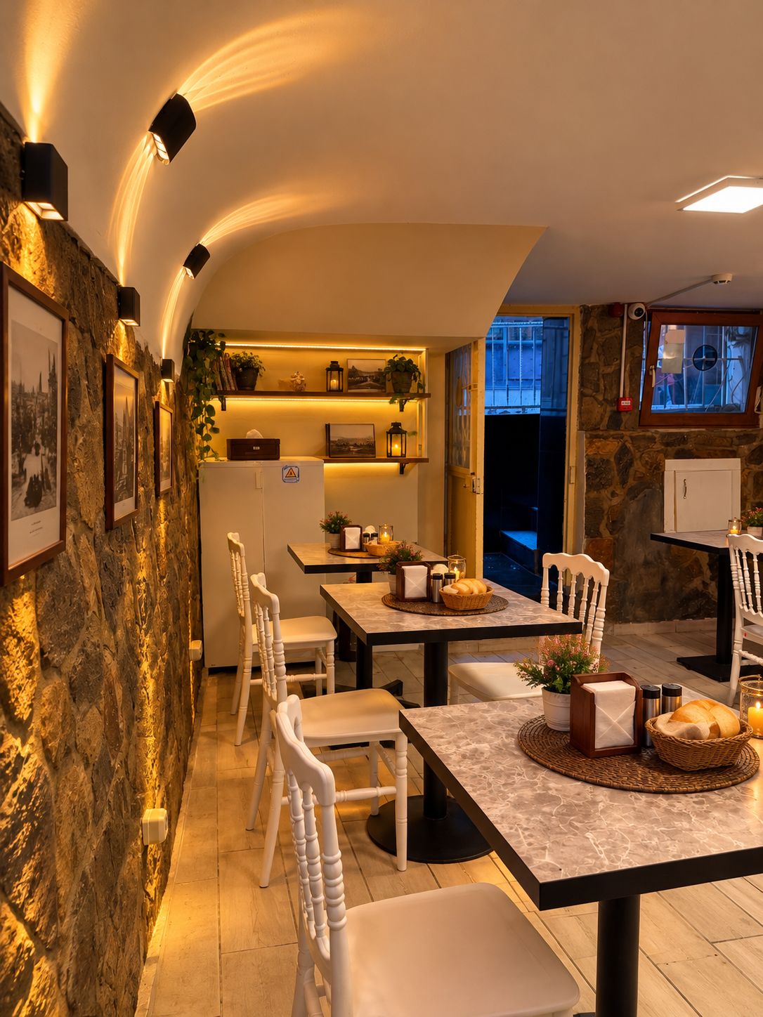 Un coin repas accueillant, avec des murs en pierre, des chaises blanches et des tables dressées pour le repas.