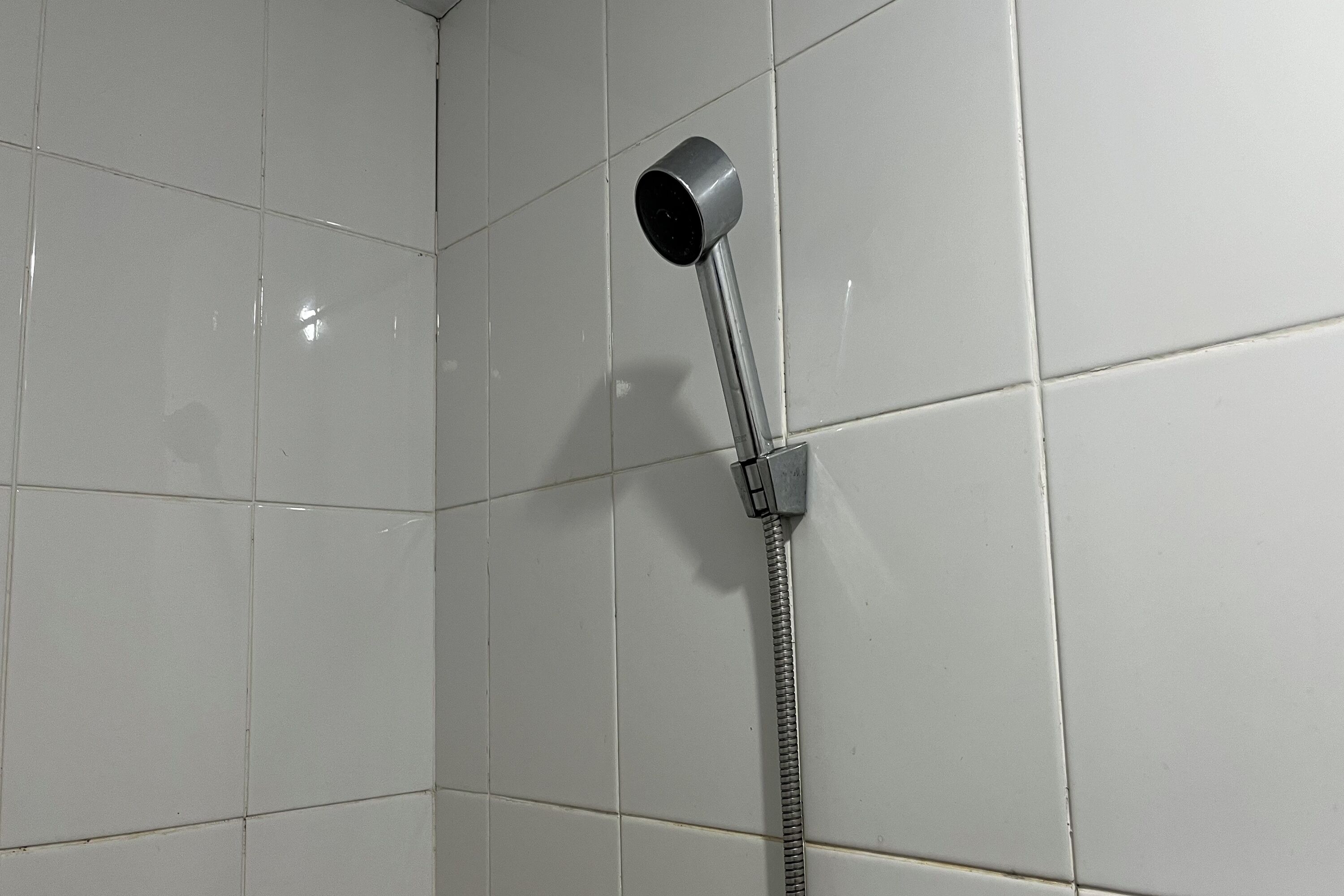 A shower with a handheld showerhead mounted on a wall.