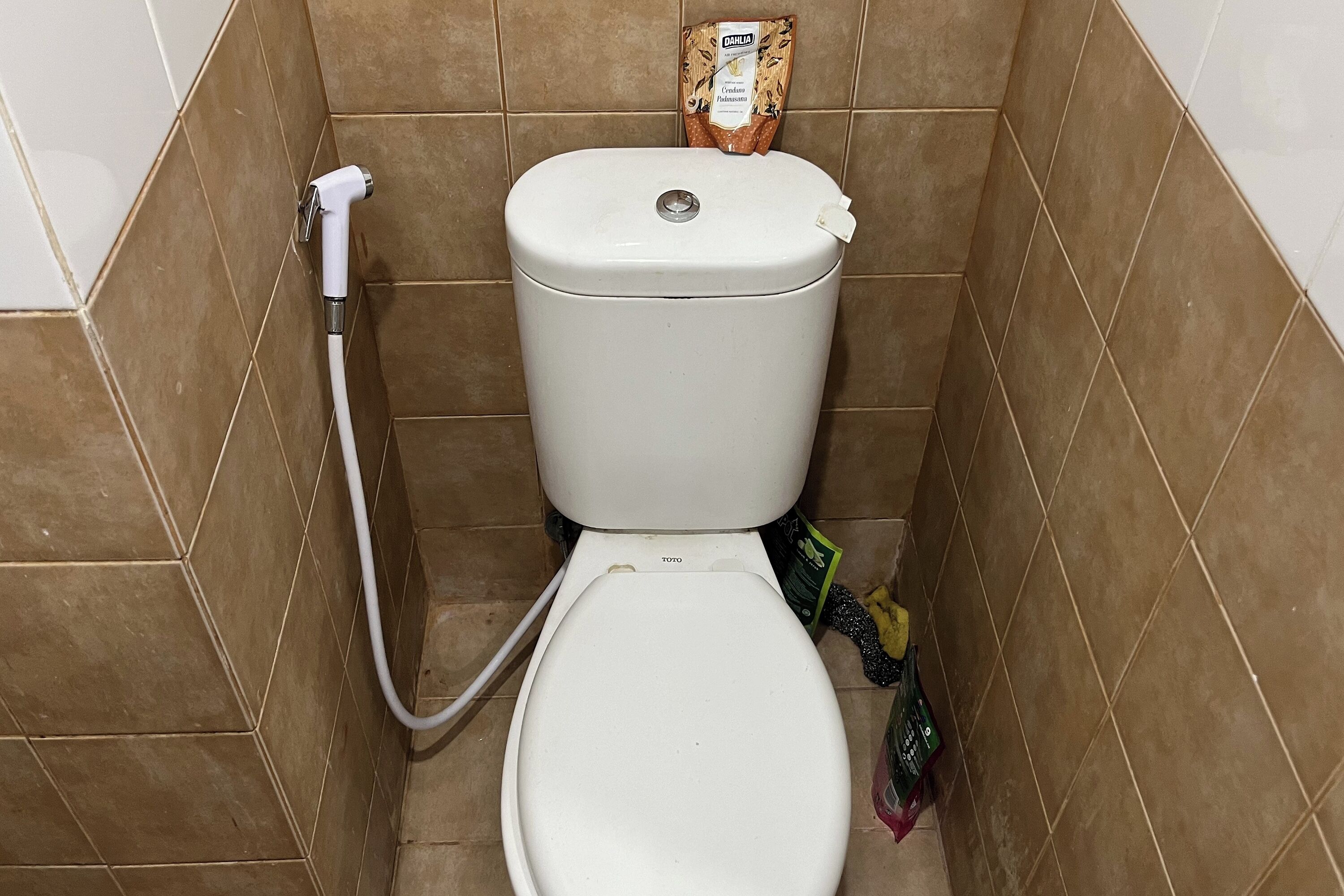 Een badkamer met een toilet, een doucheslang en een pak toiletpapier aan de muur.