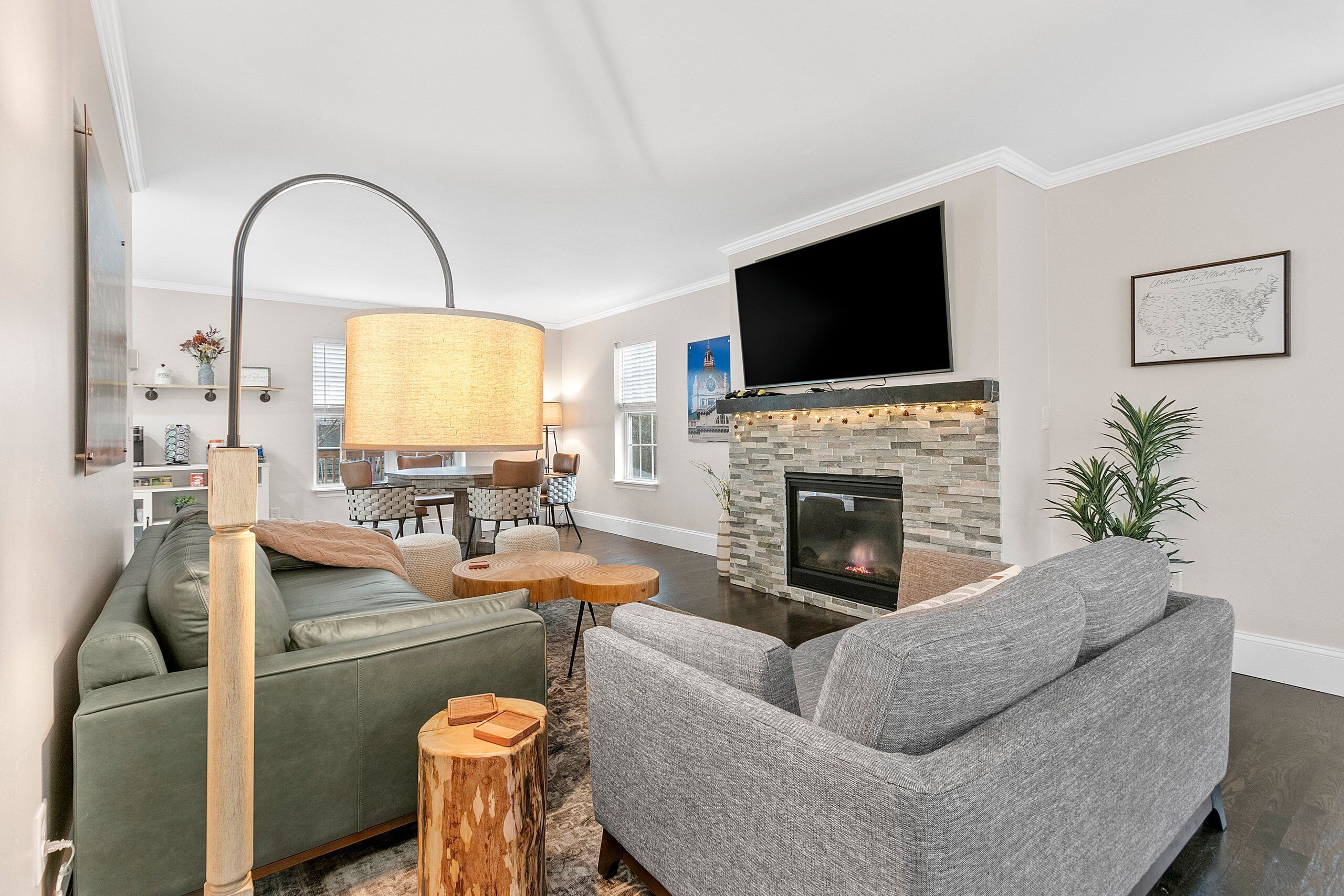 Smart TV, fireplace, video games, DVD player