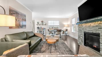 Smart TV, fireplace, video games, DVD player