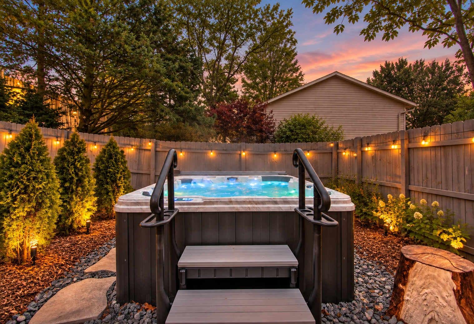 A hot tub with steps, surrounded by a wooden fence, and a wooden deck in a backyard setting.