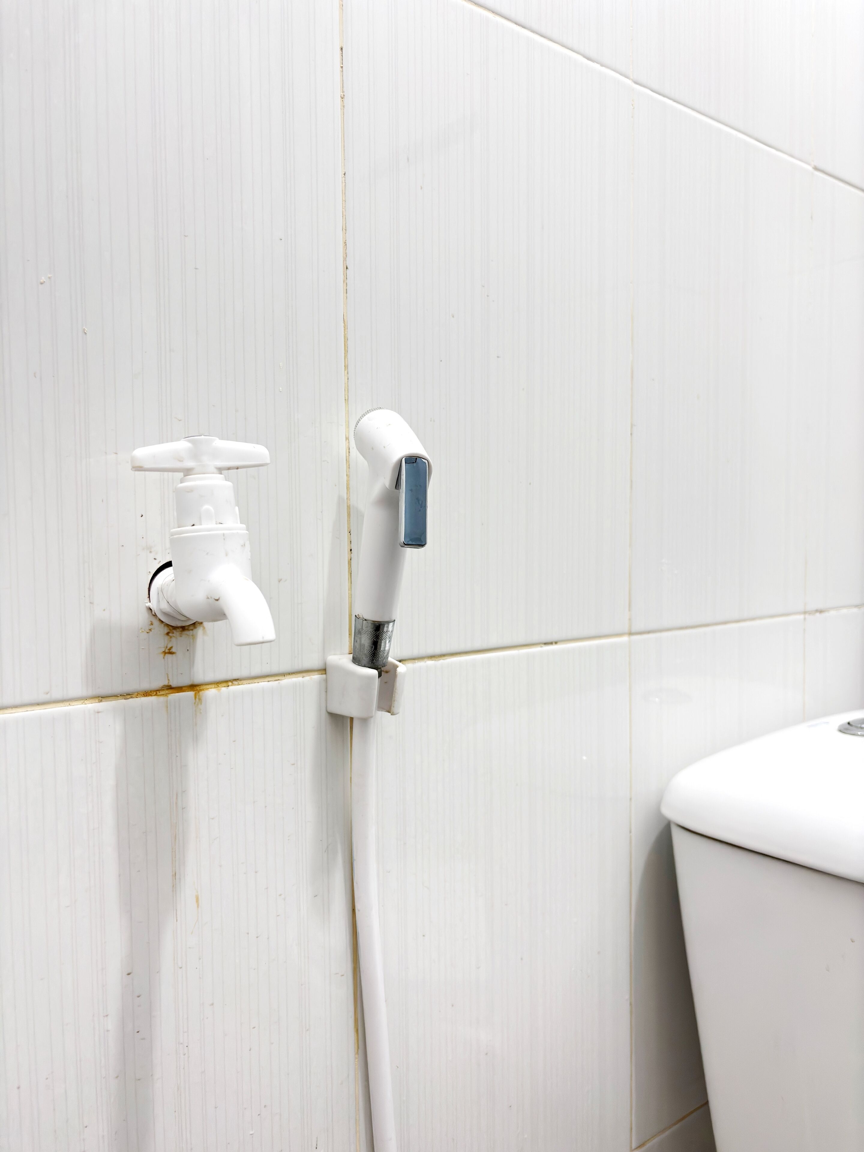 Kylpyhuone, jossa on valkoinen wc-istuin, valkoinen suihkupää ja valkoinen seinä.