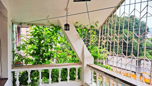 Een balkon met een witte reling, een hanglamp en weelderige groene planten.