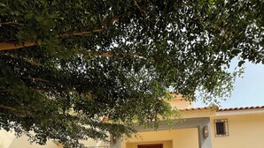Una casa con camino de entrada de grava, una puerta de madera y una ventana con celosía metálica.