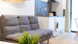 A modern living room with a grey sofa, a potted plant, and a washing machine in the background. - Travel Habitat Ruzafa Loft 1 (Valencia / València)