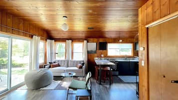 Smart TV, chimenea, libros y biblioteca musical