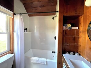 Eco-friendly toiletries, hair dryer, towels, soap