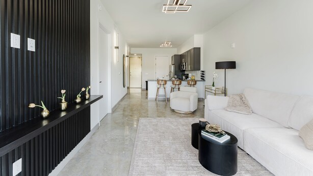 A modern living room with a black console table, a white sofa, and a coffee table.