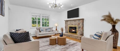 TV, fireplace, video games