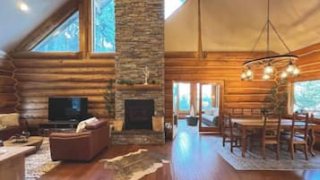 Smart TV, fireplace, table football, books