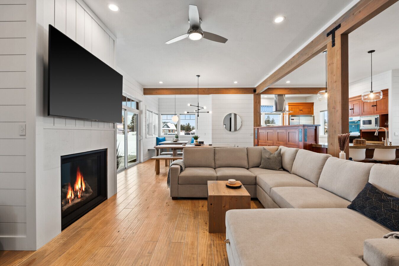 Smart TV, fireplace, foosball, books