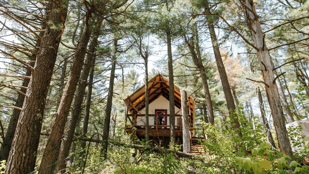 Una cabaña en un bosque con fachada de madera y un balcón.