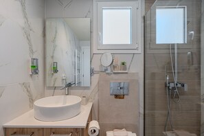 Douche, séchoir à cheveux, serviettes fournies, papier de toilette