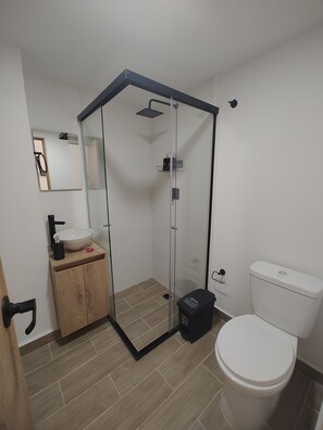 Enjoy a refreshing shower in the bathroom, featuring a glass-enclosed shower, sink, and toilet.